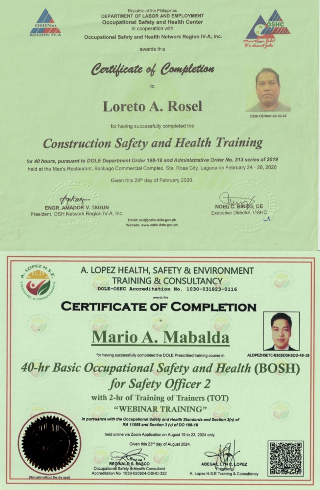 OSHC Construction Safety and Health Training certificate — Loreto A. Rosel