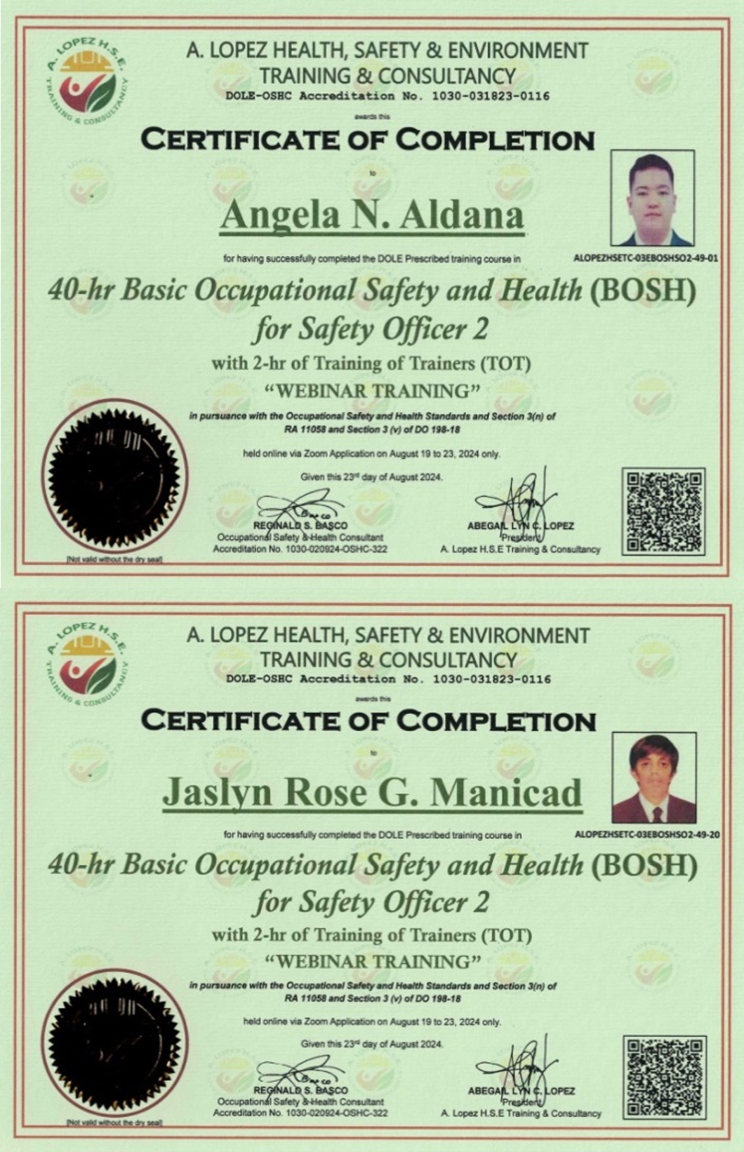 40-hr BOSH for Safety Officer 2 certificates — Angela N. Aldana and Jaslyn Rose G. Manicad