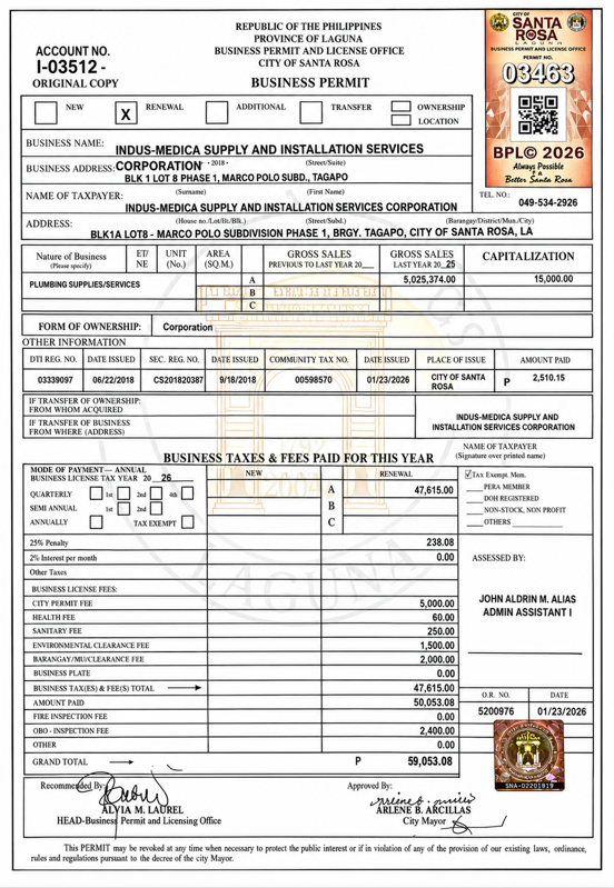 INDUS-MEDICA Business Permit