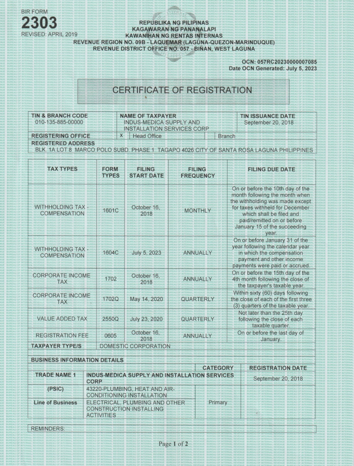 INDUS-MEDICA BIR Certificate of Registration (Form 2303)