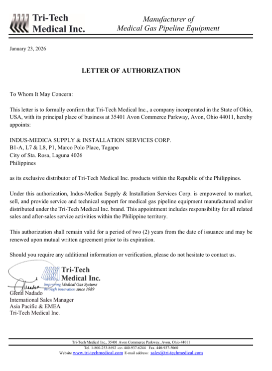 INDUS-MEDICA Certificate of Exclusive Distributor for Tri-Tech Medical