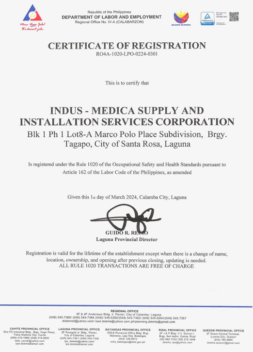 INDUS-MEDICA DOLE Rule 1020 Certificate of Registration