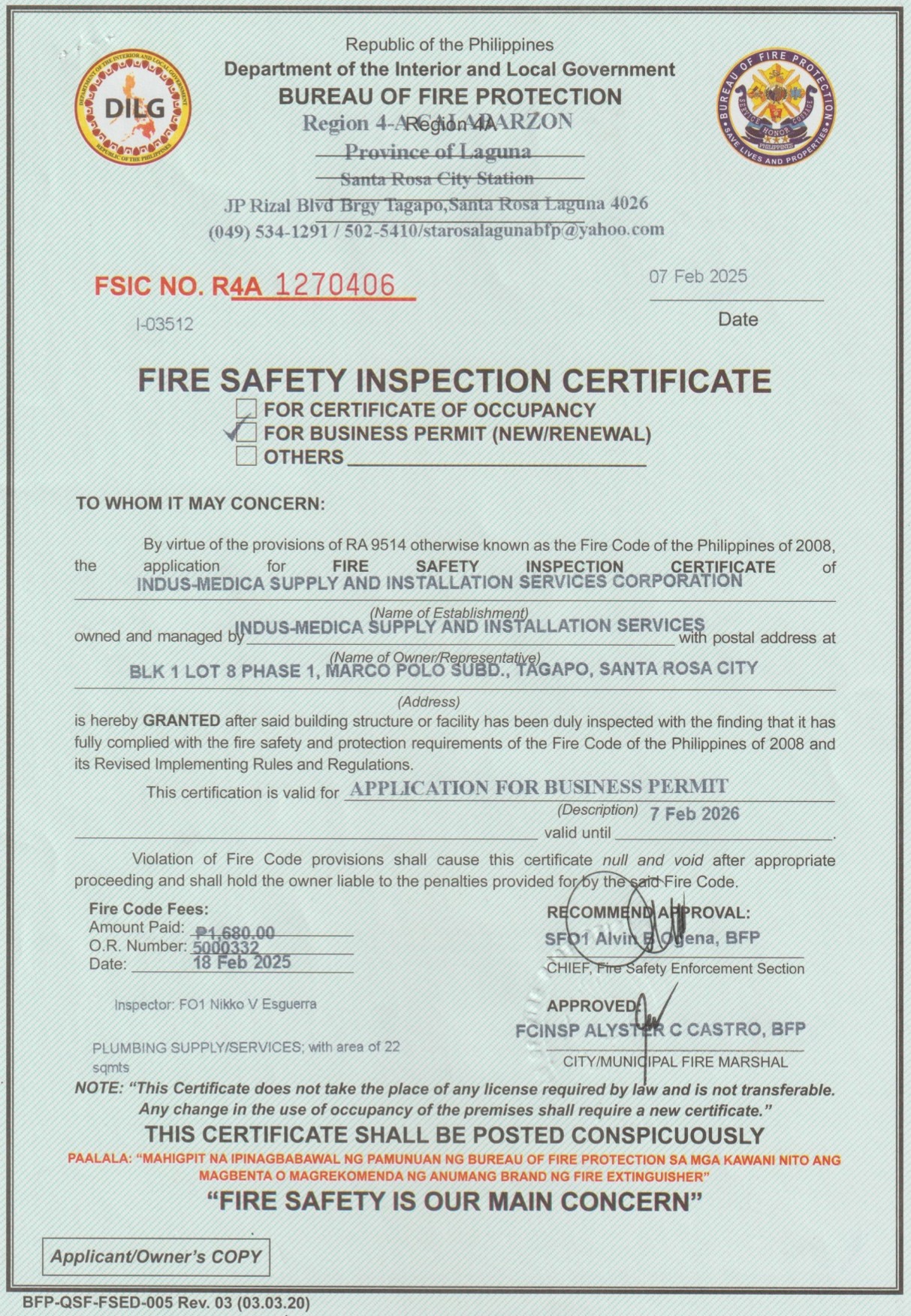 INDUS-MEDICA Fire Safety Inspection Certificate