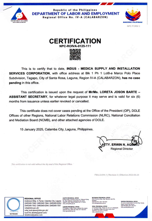 INDUS-MEDICA No Pending Case Certification