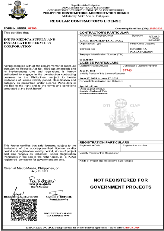 INDUS-MEDICA PCAB Regular Contractor's License
