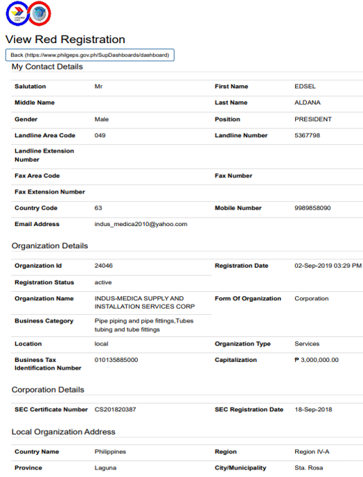 INDUS-MEDICA PhilGEPS Registration