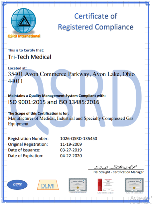 Tri-Tech Medical QSRD International Certificate of Registered Compliance (ISO 9001:2015 & ISO 13485:2016)
