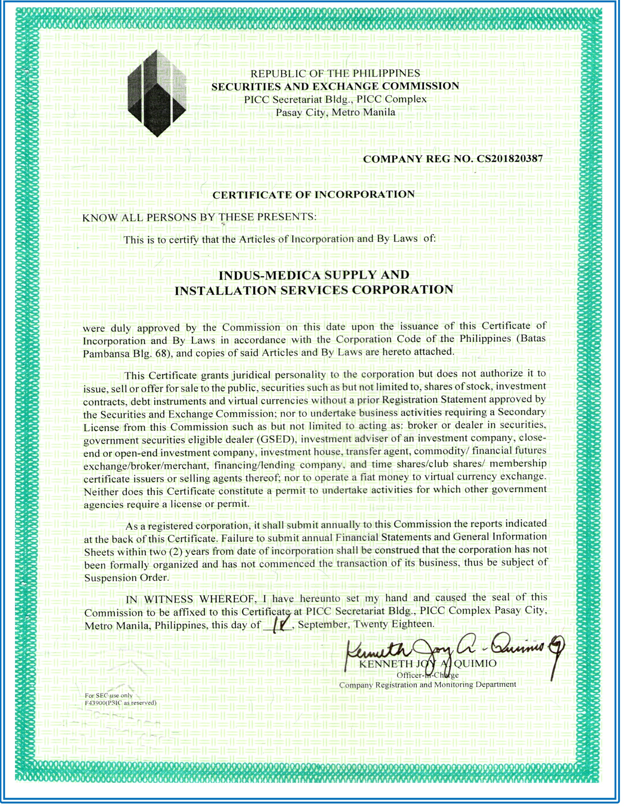 INDUS-MEDICA SEC Certificate of Incorporation
