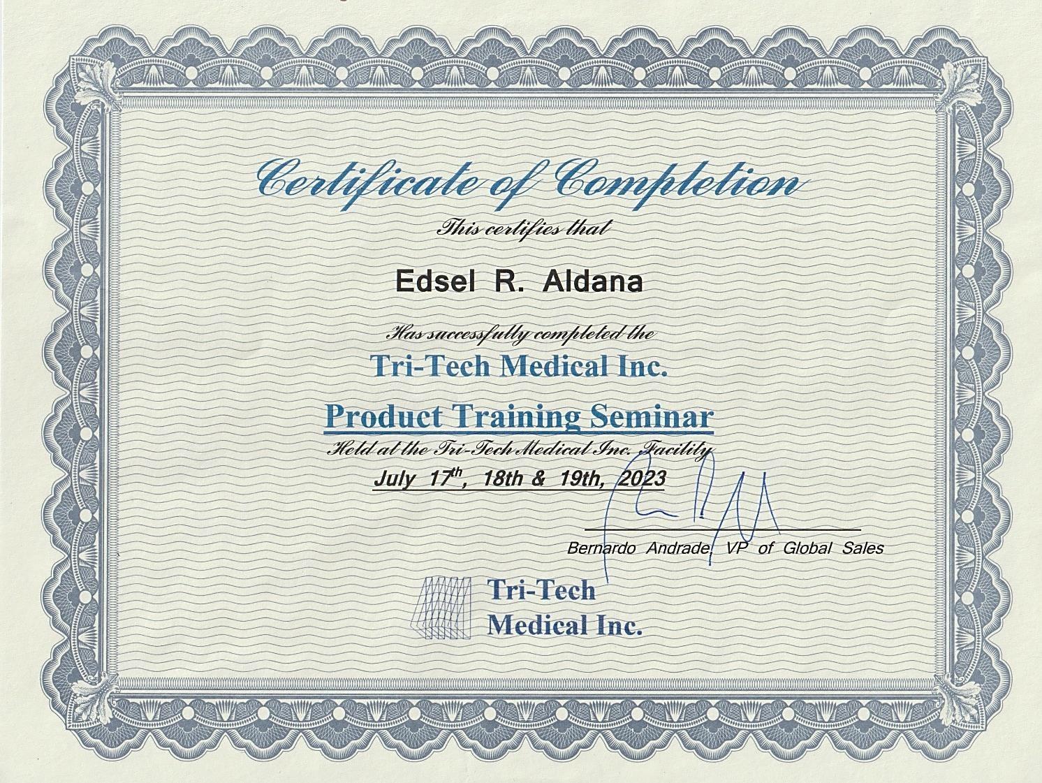 Tri-Tech Product Training Seminar — Ohio, USA certificate